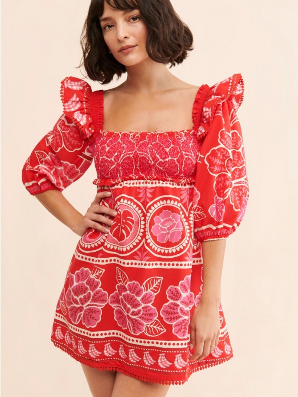 Farm Rio Red Floral Smocked Mini Dress